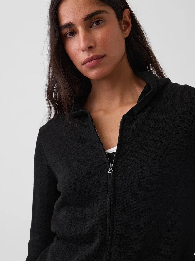 %100 Pamuklu Bol Kesim Fermuarlı Kazak Kapüşonlu Sweatshirt