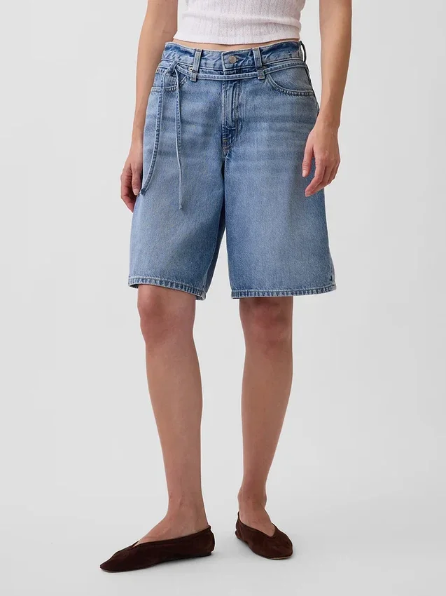 11" Orta Bel Mikro Kemerli Uzun Denim Şortlar
