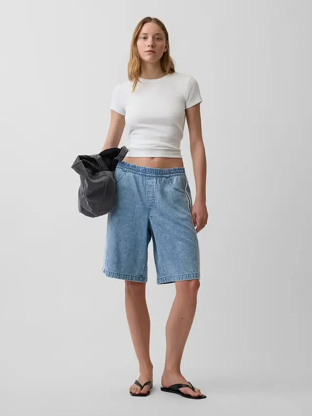 11" Orta Bel, Ultra Yumuşak, Easy Stripe Uzun Kesim Denim Şortlar