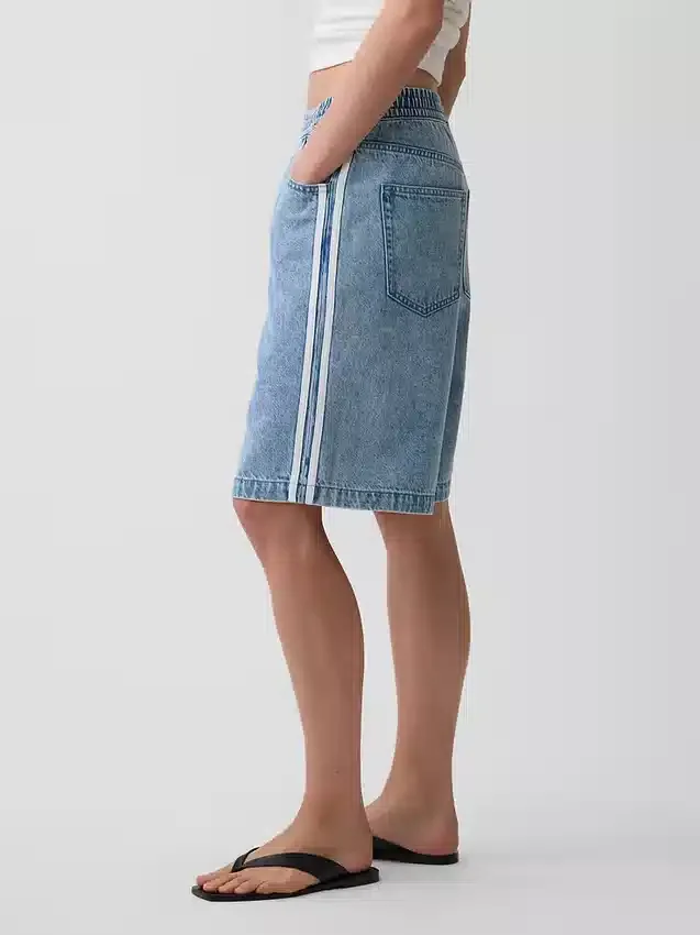 11" Orta Bel, Ultra Yumuşak, Easy Stripe Uzun Kesim Denim Şortlar
