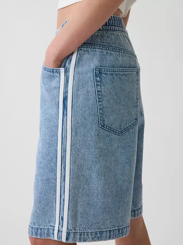 11" Orta Bel, Ultra Yumuşak, Easy Stripe Uzun Kesim Denim Şortlar