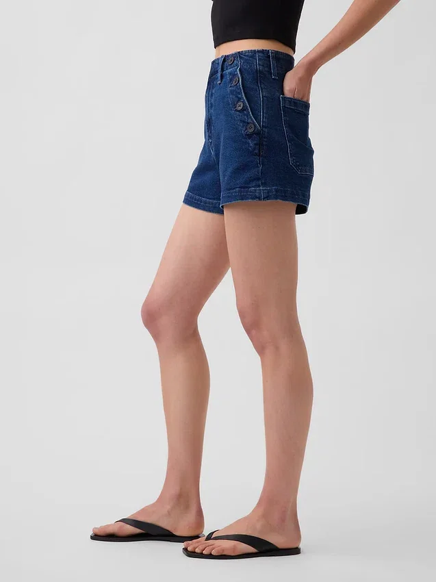 3,5 inç Yüksek Bel Denizci Stili Rahat Düz Kesim Denim Şortlar