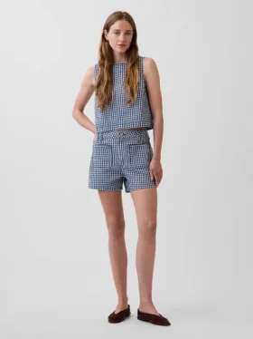 3,5 inç Yüksek Bel Gingham Desenli Bol Kesim Düz Denim Şortlar