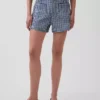 3,5 inç Yüksek Bel Gingham Desenli Bol Kesim Düz Denim Şortlar