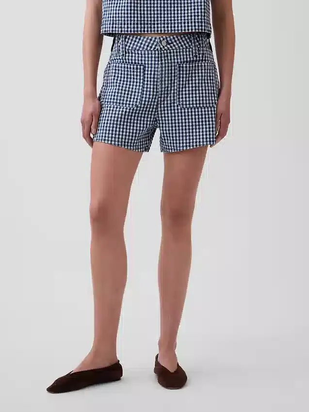 3,5 inç Yüksek Bel Gingham Desenli Bol Kesim Düz Denim Şortlar