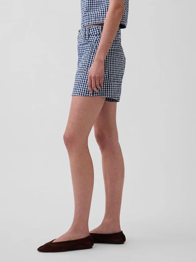 3,5 inç Yüksek Bel Gingham Desenli Bol Kesim Düz Denim Şortlar