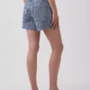 3,5 inç Yüksek Bel Gingham Desenli Bol Kesim Düz Denim Şortlar