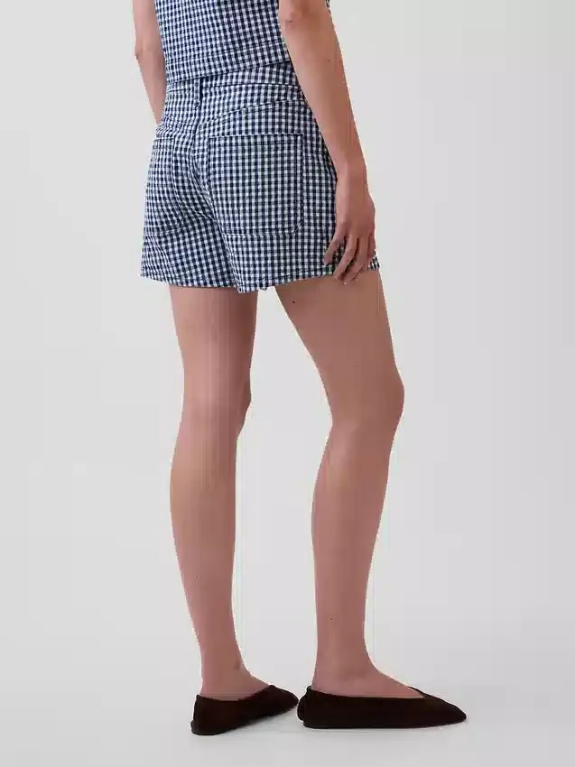 3,5 inç Yüksek Bel Gingham Desenli Bol Kesim Düz Denim Şortlar