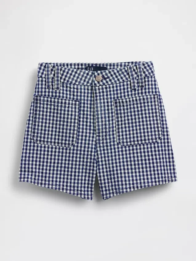 3,5 inç Yüksek Bel Gingham Desenli Bol Kesim Düz Denim Şortlar