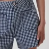 3,5 inç Yüksek Bel Gingham Desenli Bol Kesim Düz Denim Şortlar