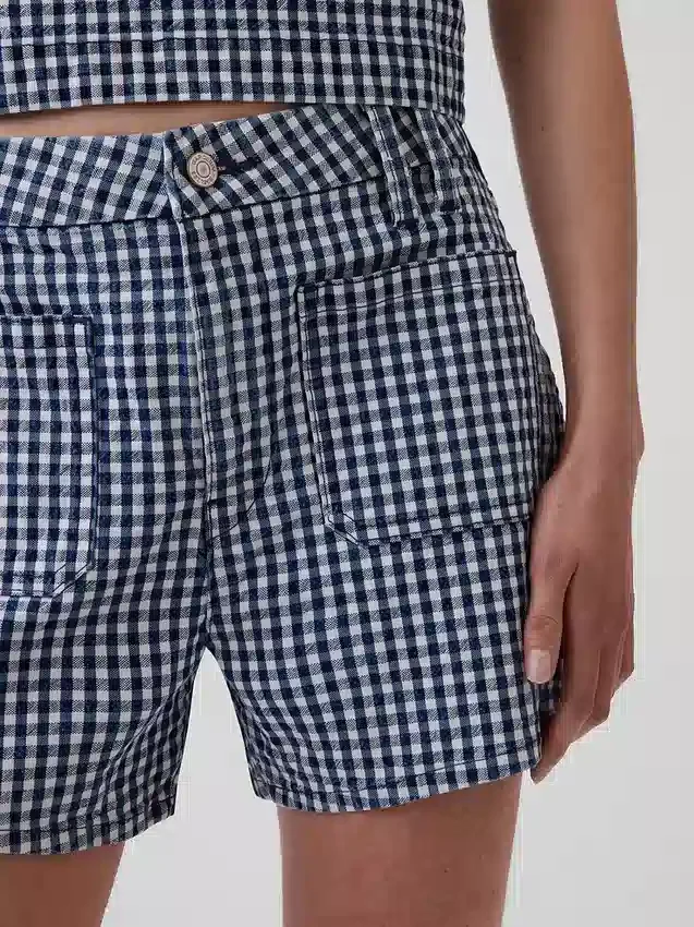 3,5 inç Yüksek Bel Gingham Desenli Bol Kesim Düz Denim Şortlar