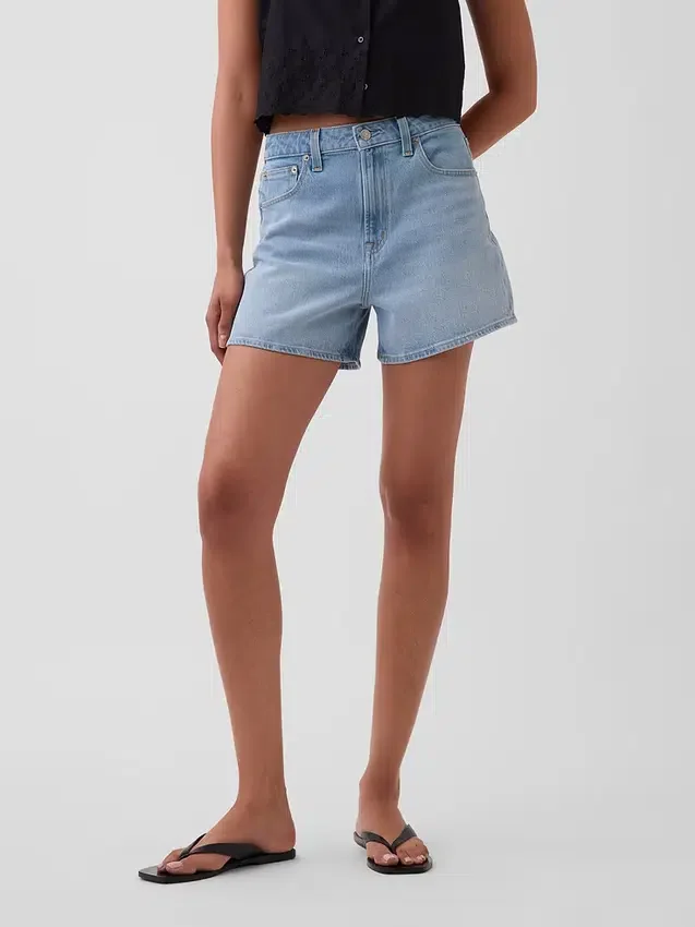 3,5 inç Yüksek Bel Rahat Düz Kesim Denim Şortlar