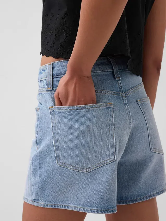 3,5 inç Yüksek Bel Rahat Düz Kesim Denim Şortlar