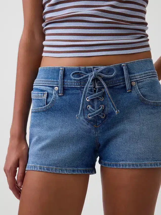 3 inç Düşük Bel Bağcıklı Denim Şortlar