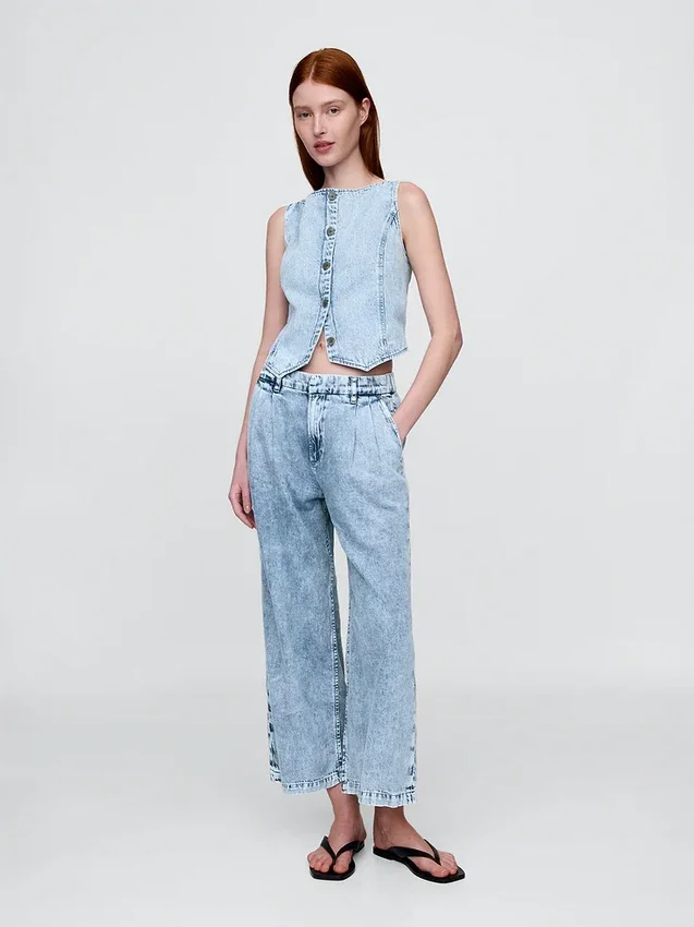 365 Yüksek Bel Ultra Yumuşak Denim Pileli Bilek Boyu Pantolon