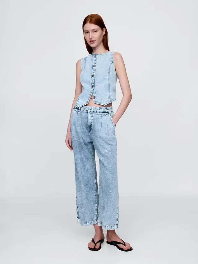 365 Yüksek Bel Ultra Yumuşak Denim Pileli Bilek Boyu Pantolon