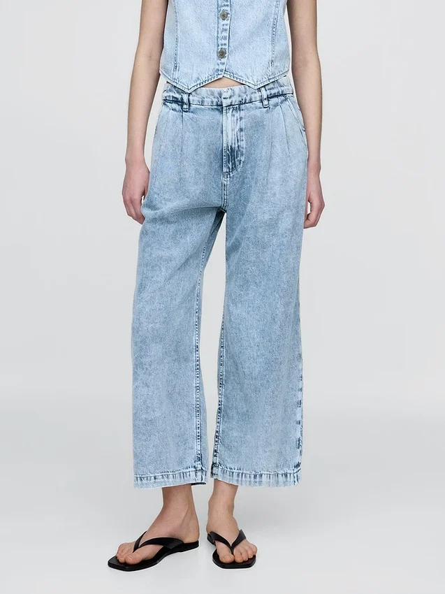 365 Yüksek Bel Ultra Yumuşak Denim Pileli Bilek Boyu Pantolon