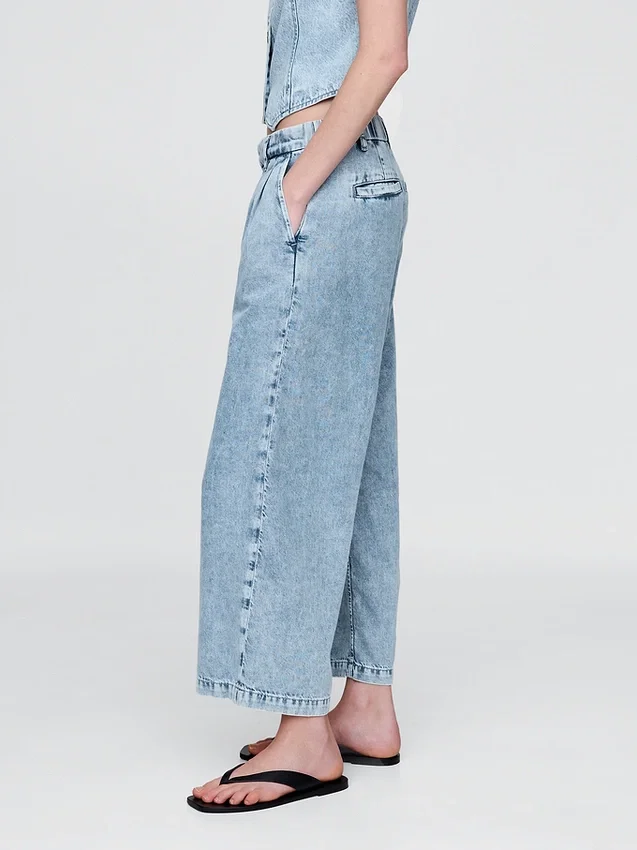 365 Yüksek Bel Ultra Yumuşak Denim Pileli Bilek Boyu Pantolon