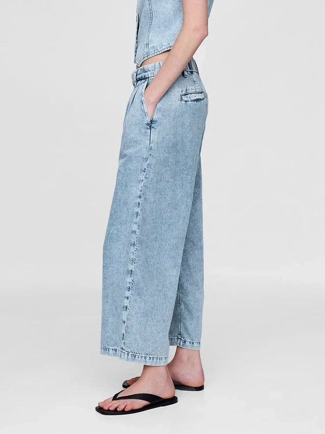 365 Yüksek Bel Ultra Yumuşak Denim Pileli Bilek Boyu Pantolon