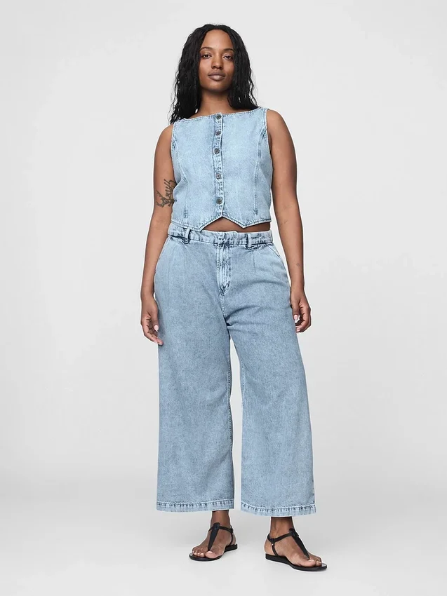 365 Yüksek Bel Ultra Yumuşak Denim Pileli Bilek Boyu Pantolon