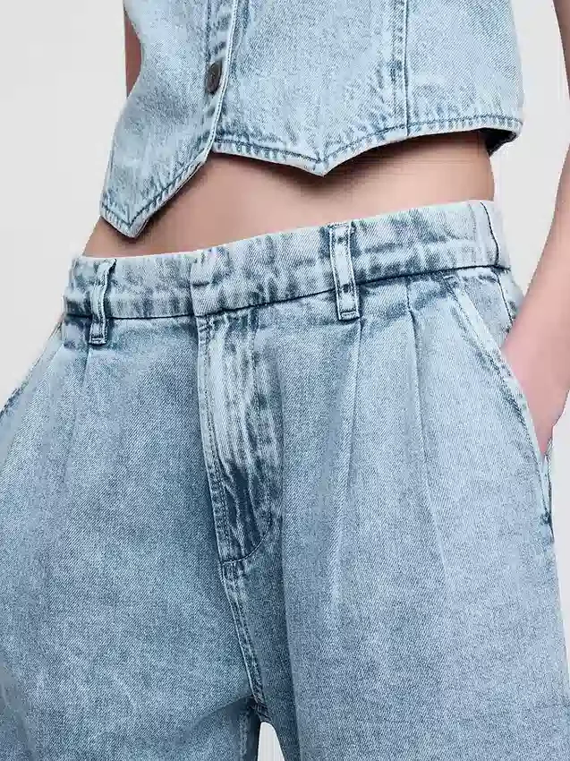 365 Yüksek Bel Ultra Yumuşak Denim Pileli Bilek Boyu Pantolon