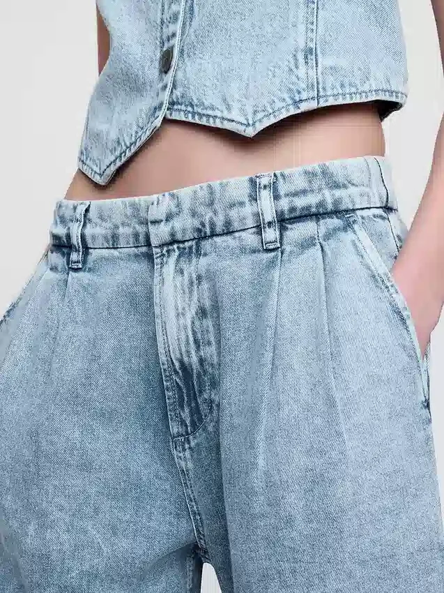 365 Yüksek Bel Ultra Yumuşak Denim Pileli Bilek Boyu Pantolon