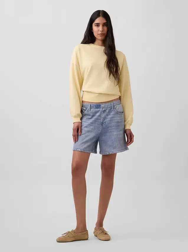 5" Orta Bel Baskılı Örme Denim Rahat Şort