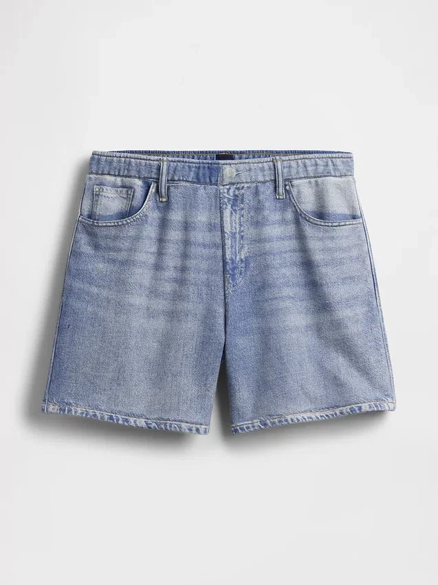 5" Orta Bel Baskılı Örme Denim Rahat Şort