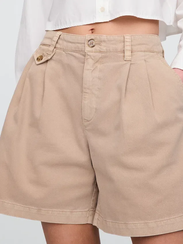 6" Orta Bel Twill Pileli Pantolon Şortlar