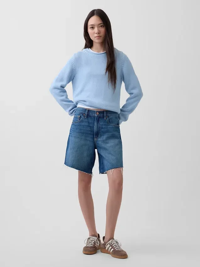 8" Orta Bel Gevşek Denim Bermuda Şort