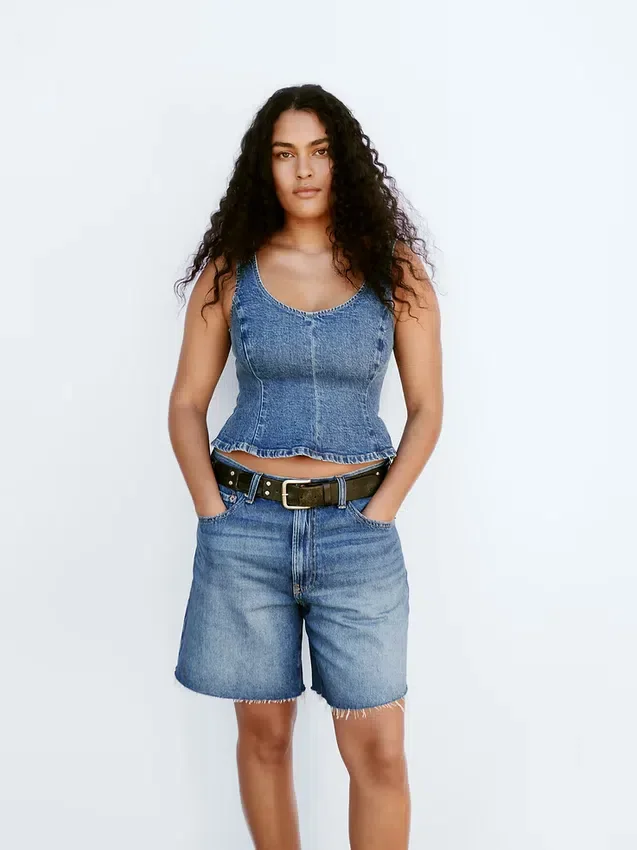 8" Orta Bel Gevşek Denim Bermuda Şort