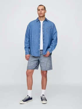 90'lar Tarzı Bol Kesim Kareli Denim Şortlar