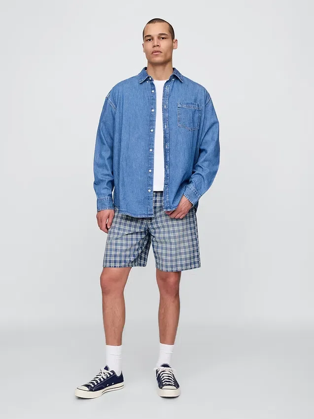 90'lar Tarzı Bol Kesim Kareli Denim Şortlar