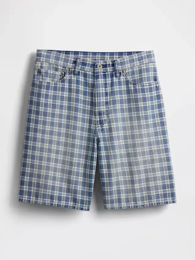 90'lar Tarzı Bol Kesim Kareli Denim Şortlar