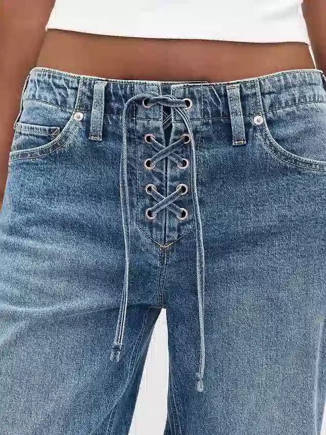 Alçak Bel Bağcıklı '90'lar Stili Bol Kesim Jean