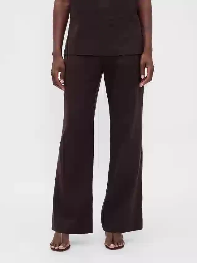 Alçak Bel Keten Karışımlı Geniş Paça Pantolon