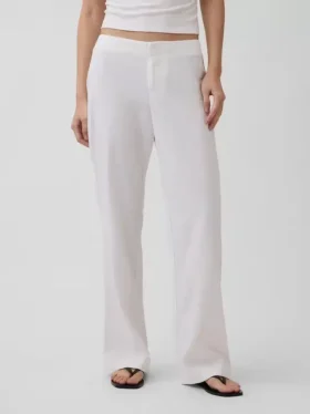 Alçak Bel Keten Karışımlı Geniş Paça Pantolon