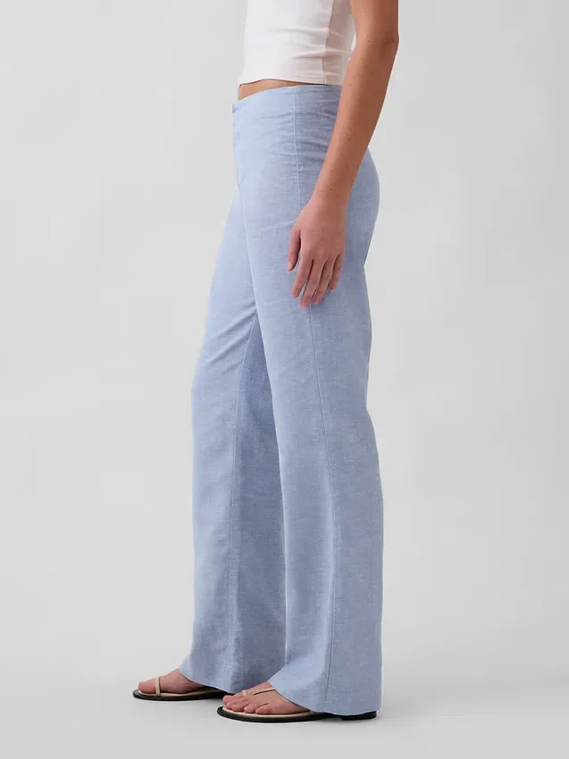 Alçak Bel Keten Karışımlı Geniş Paça Pantolon