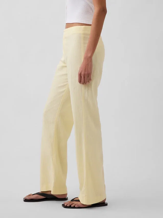 Alçak Bel Keten Karışımlı Geniş Paça Pantolon