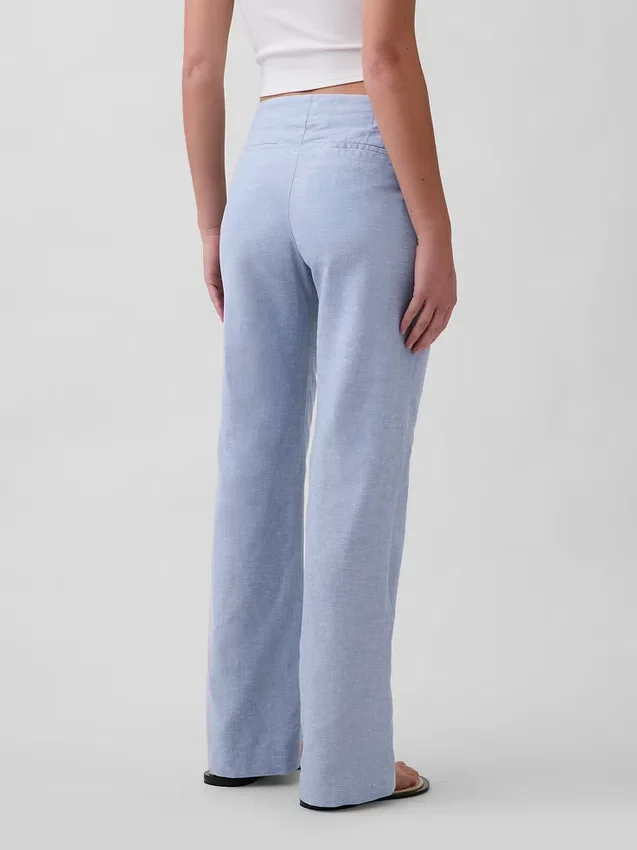 Alçak Bel Keten Karışımlı Geniş Paça Pantolon