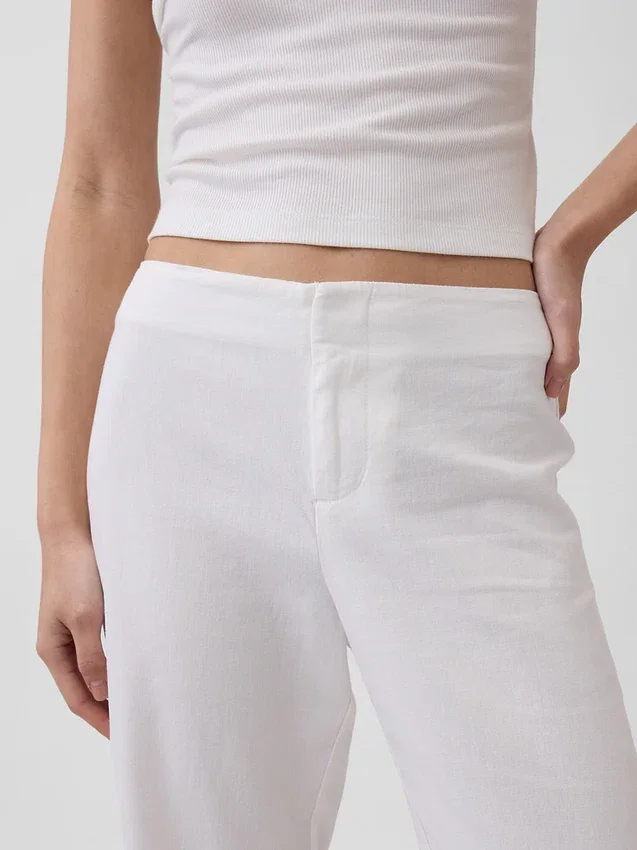 Alçak Bel Keten Karışımlı Geniş Paça Pantolon