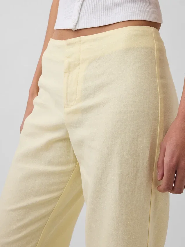 Alçak Bel Keten Karışımlı Geniş Paça Pantolon