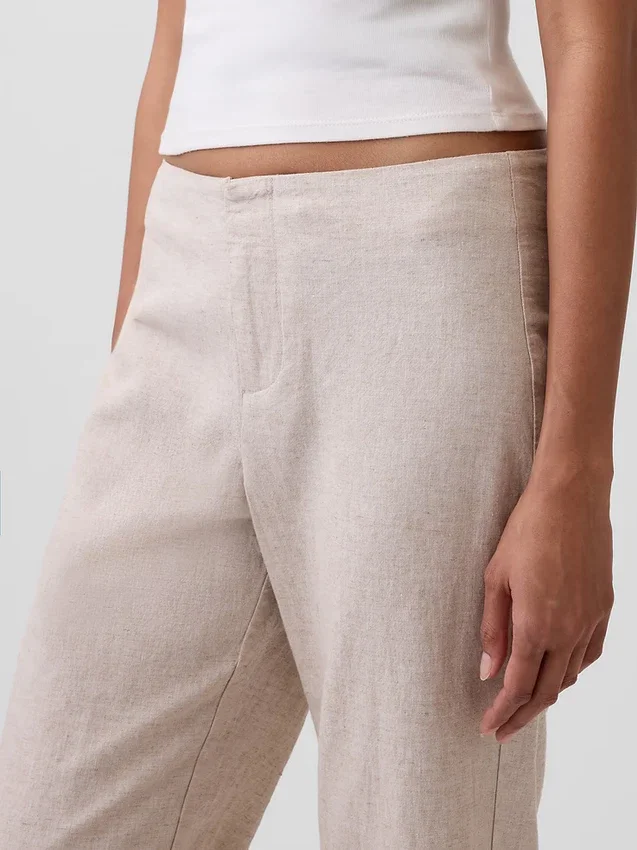 Alçak Bel Keten Karışımlı Geniş Paça Pantolon