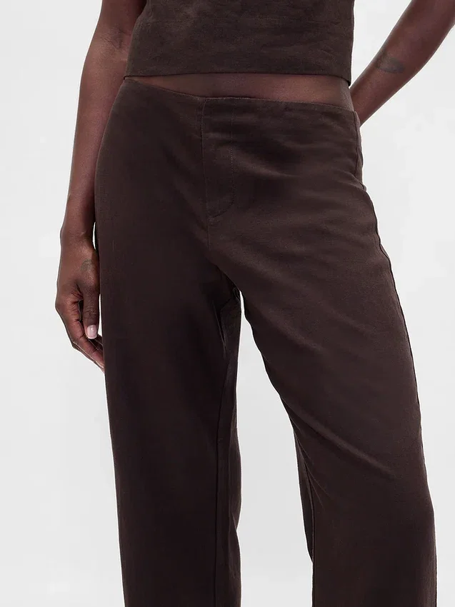 Alçak Bel Keten Karışımlı Geniş Paça Pantolon