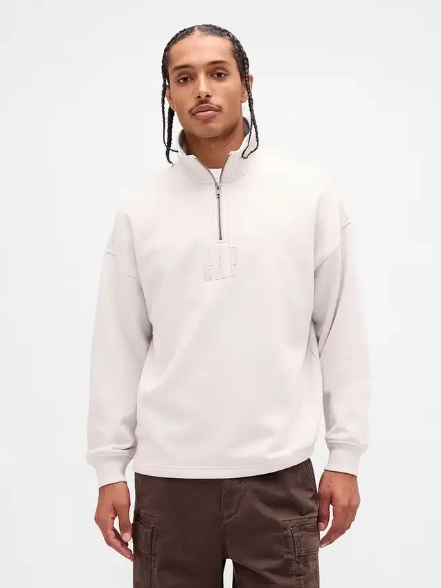 Ağır Dokulu Oversized Logo Çeyrek Fermuarlı Kazak