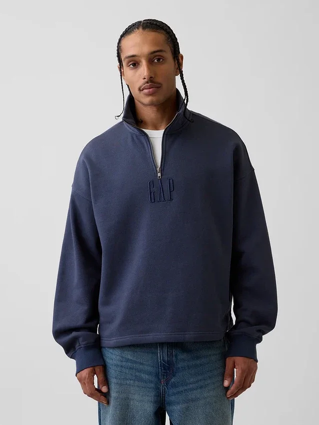 Ağır Dokulu Oversized Logo Çeyrek Fermuarlı Kazak