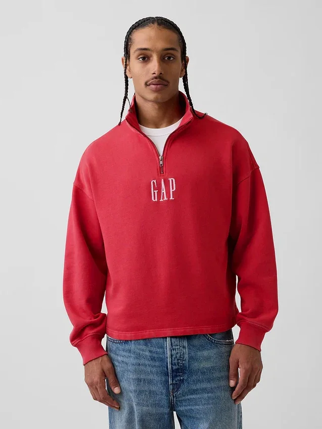 Ağır Dokulu Oversized Logo Çeyrek Fermuarlı Kazak