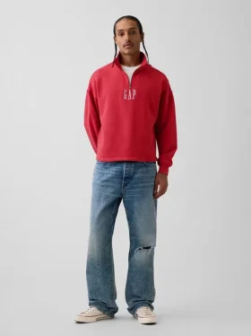 Ağır Dokulu Oversized Logo Çeyrek Fermuarlı Kazak