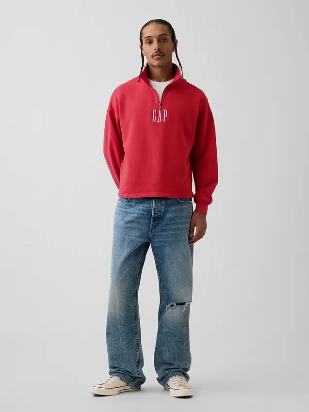 Ağır Dokulu Oversized Logo Çeyrek Fermuarlı Kazak