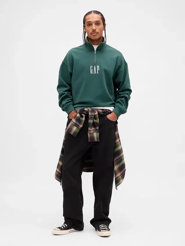 Ağır Dokulu Oversized Logo Çeyrek Fermuarlı Kazak